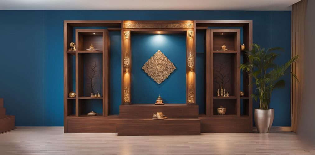 Floor mounted wooden puja unit with blue wall - Beautiful Homes