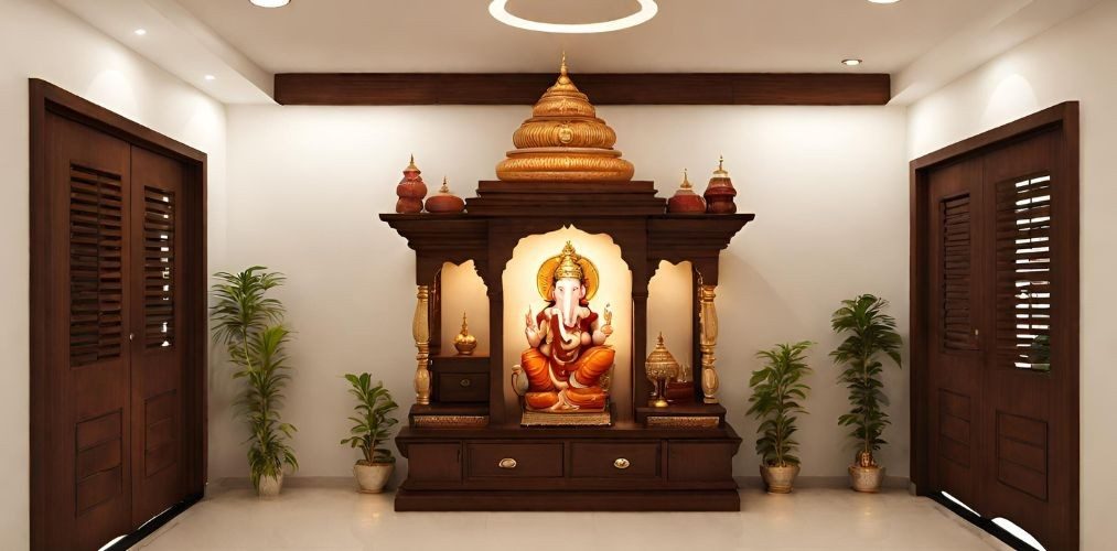 Home mandir design with drawers and ganesh idol - Beautiful Homes