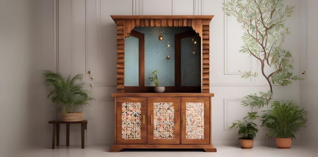 Home wooden mandir unit with geometrical wallpaper - Beautiful Homes