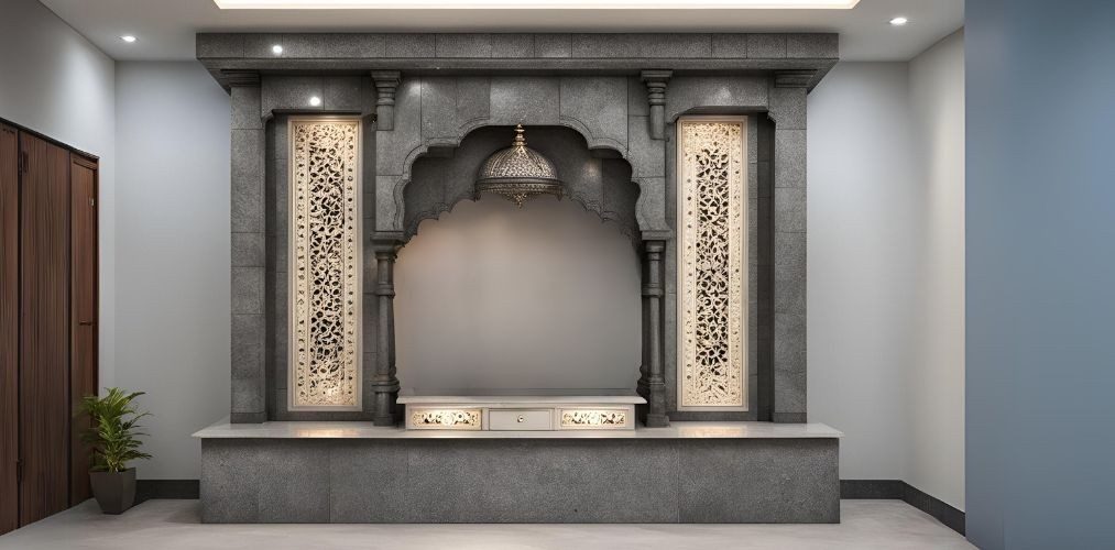 Indian mandir design with grey stone cladding and granite console - Beautiful Homes