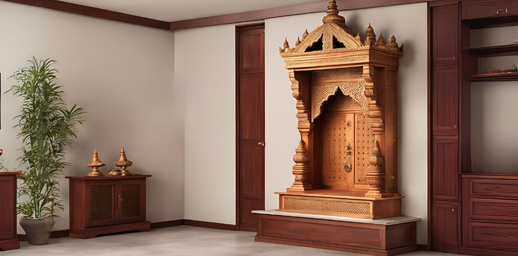 Indian traditional mandir with wooden wall ledge - Beautiful Homes