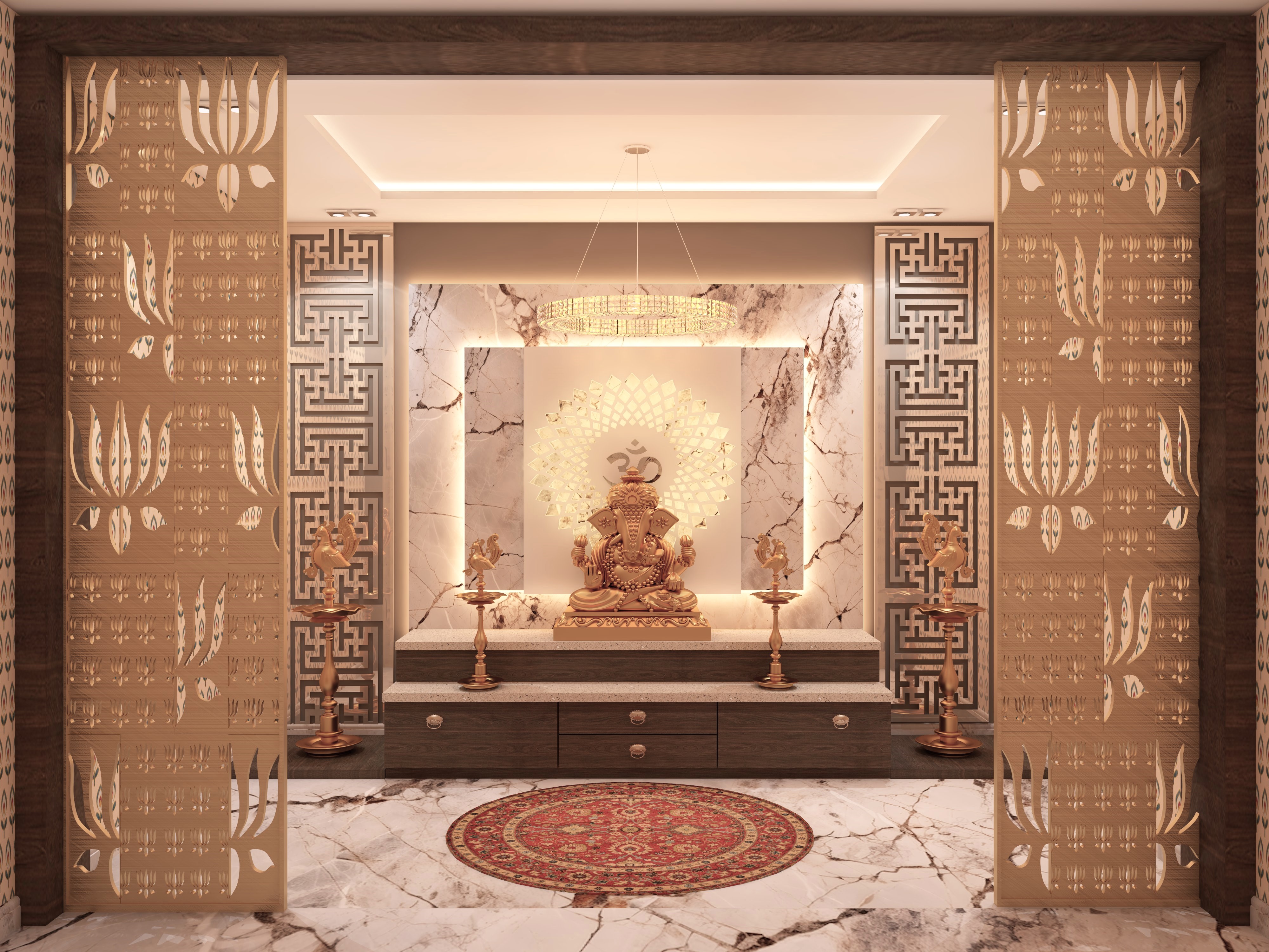 Indian wooden puja unit with marble and CNC panels - Beautiful Homes