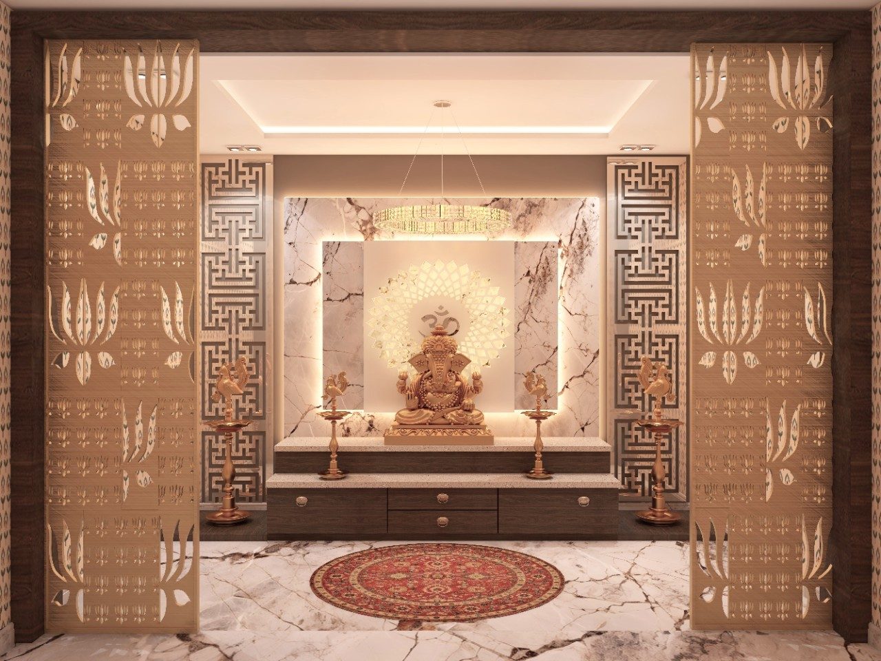 Indian wooden puja unit with marble and CNC panels - Beautiful Homes