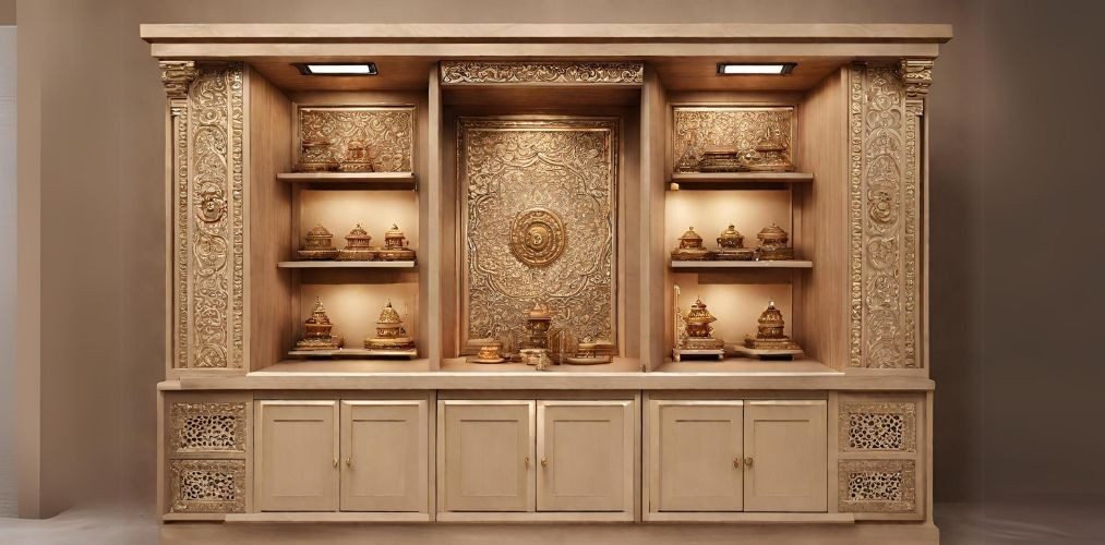 Mandir design with cabinet storage - Beautiful Homes