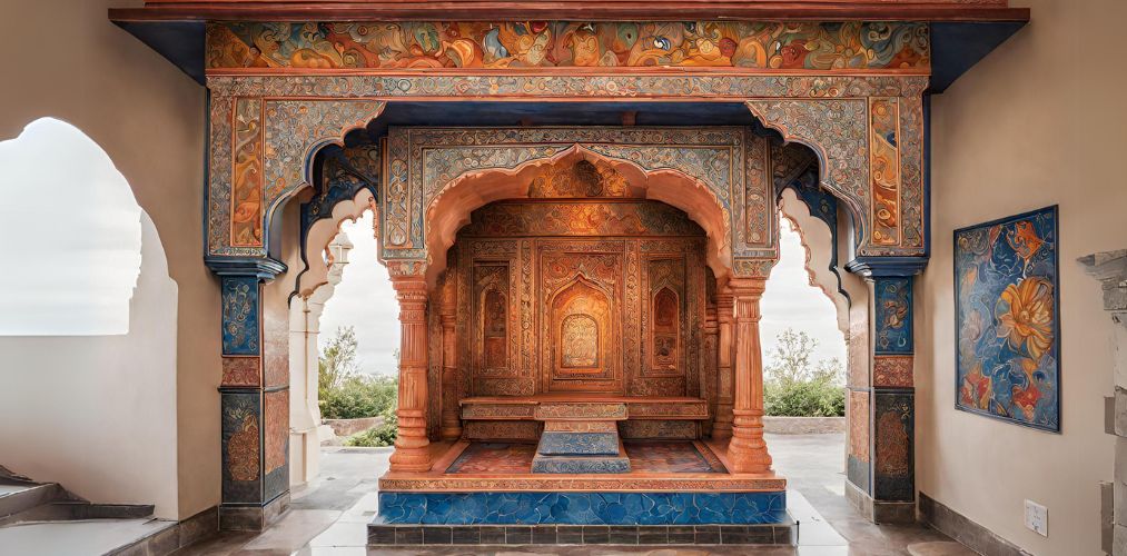 Mandir design with intricate tile work and hand-painted mural - Beautiful Homes