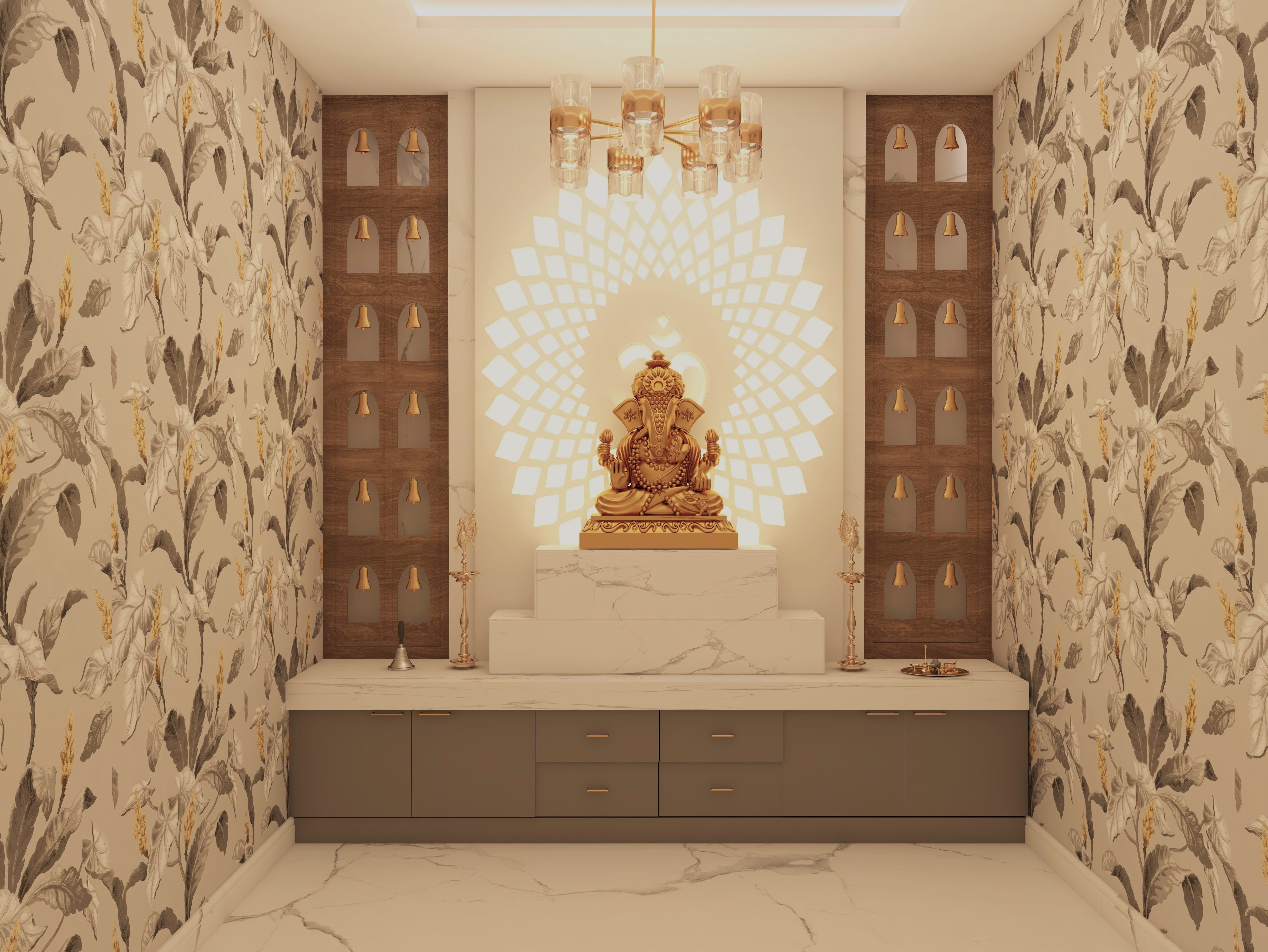 Marble puja room with wallpaper and CNC cut panel with bells-Beautiful Homes