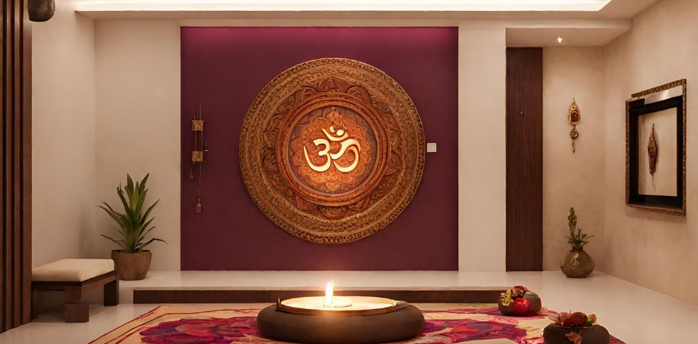 Minimal puja room with Om mandala-Beautiful Homes
