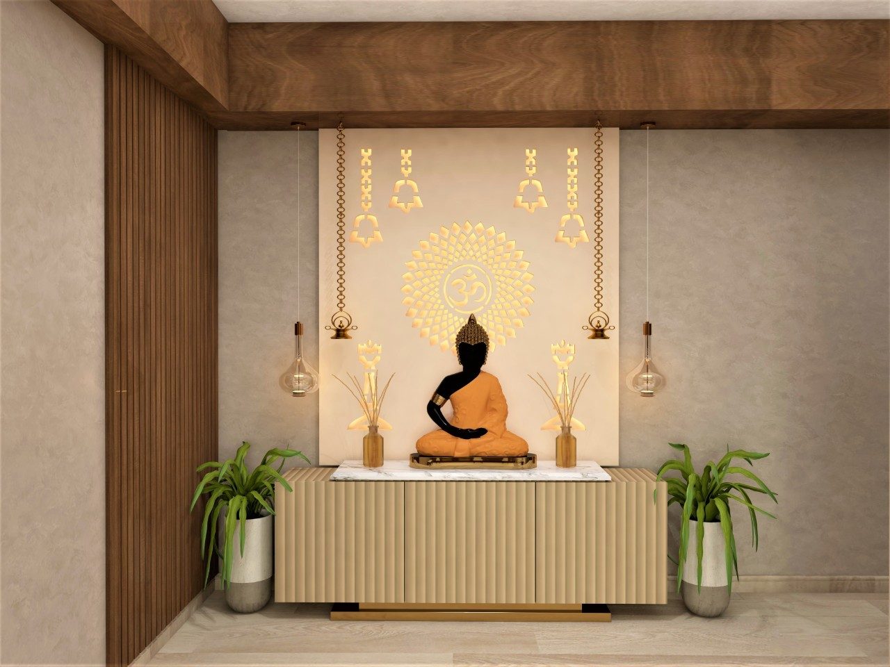 Minimalistic Mandir Design with Back Lit Panel & Pendant Lights-Beautiful Homes