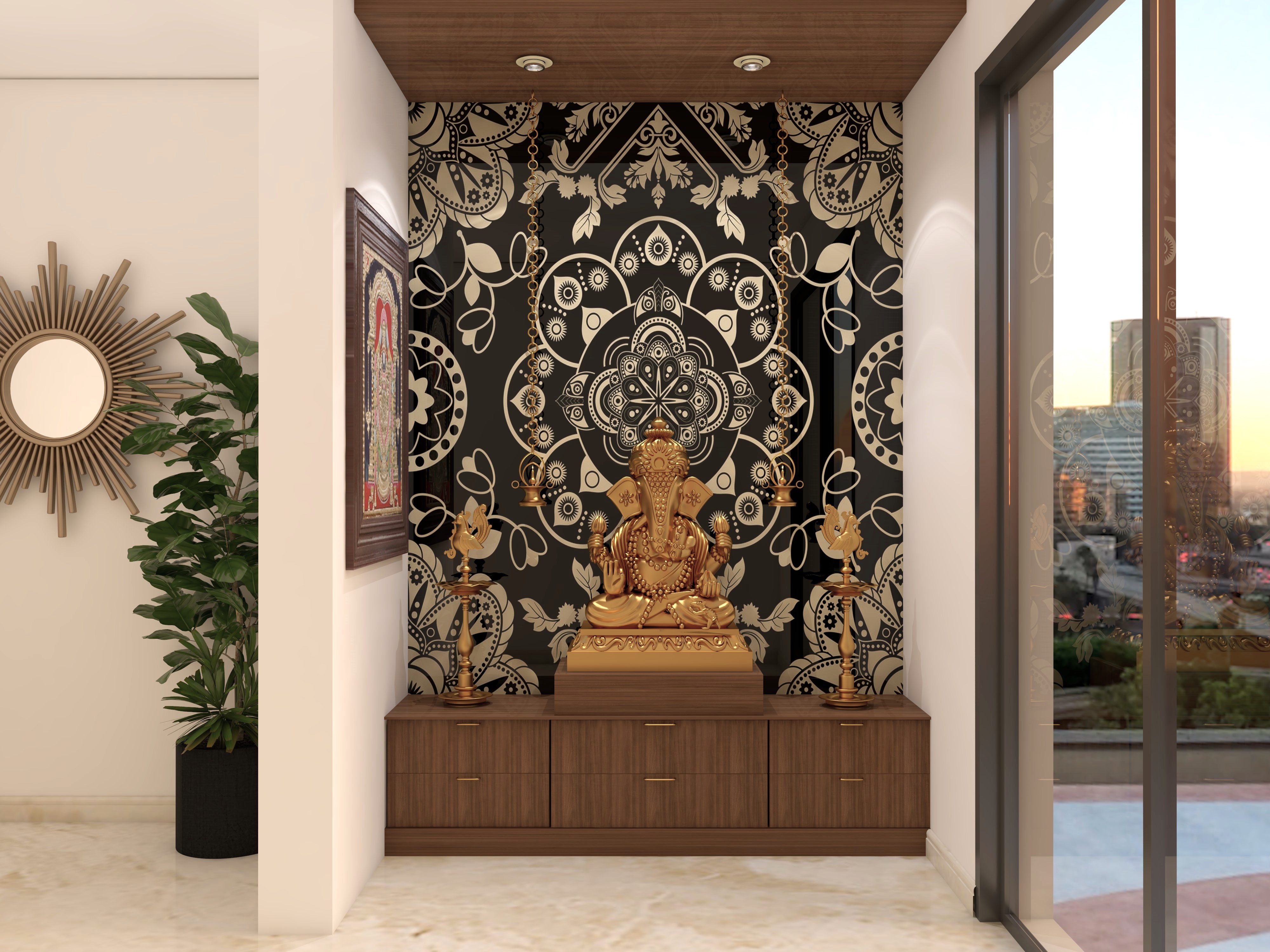 Modern Indian puja room with black wallpaper with gold motifs - Beautiful Homes