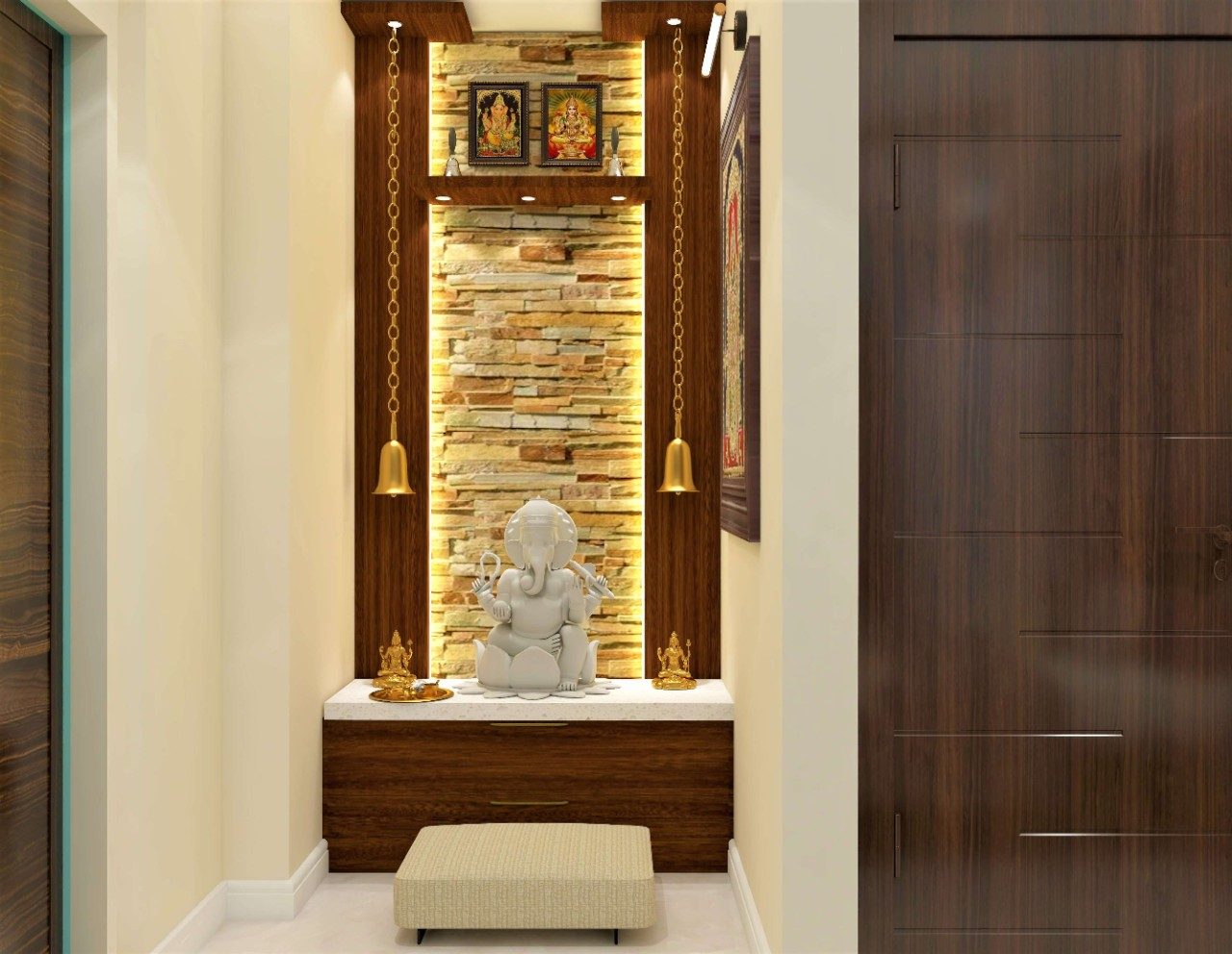 Modern mandir design with back wall stone cladding - Beautiful Homes