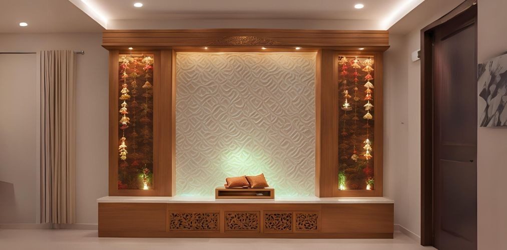 Modern mandir unit with textured back panel and lights - Beautiful Homes