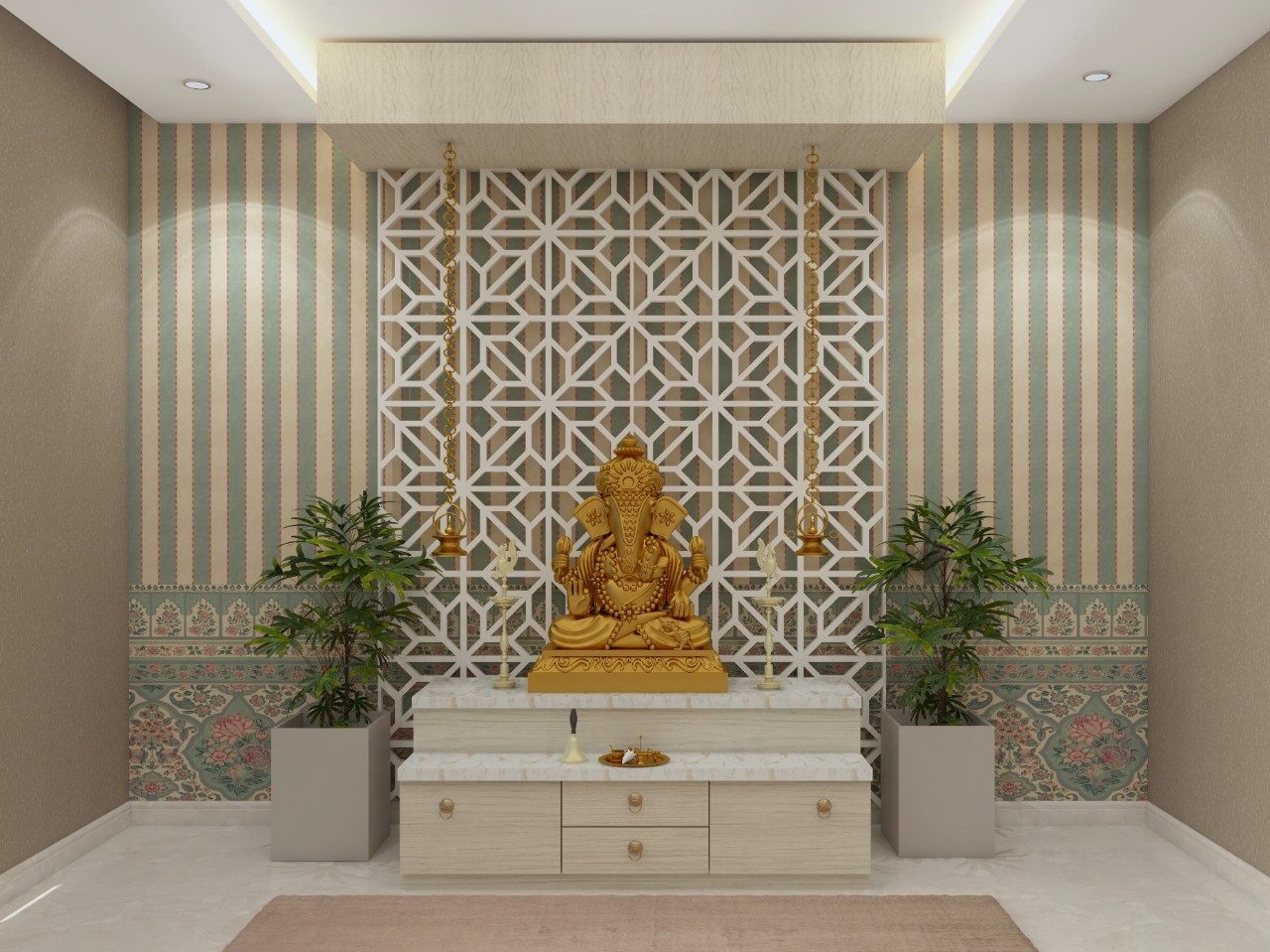 Modern puja room wall with Sabyasachi wallpaper - Beautiful Homes