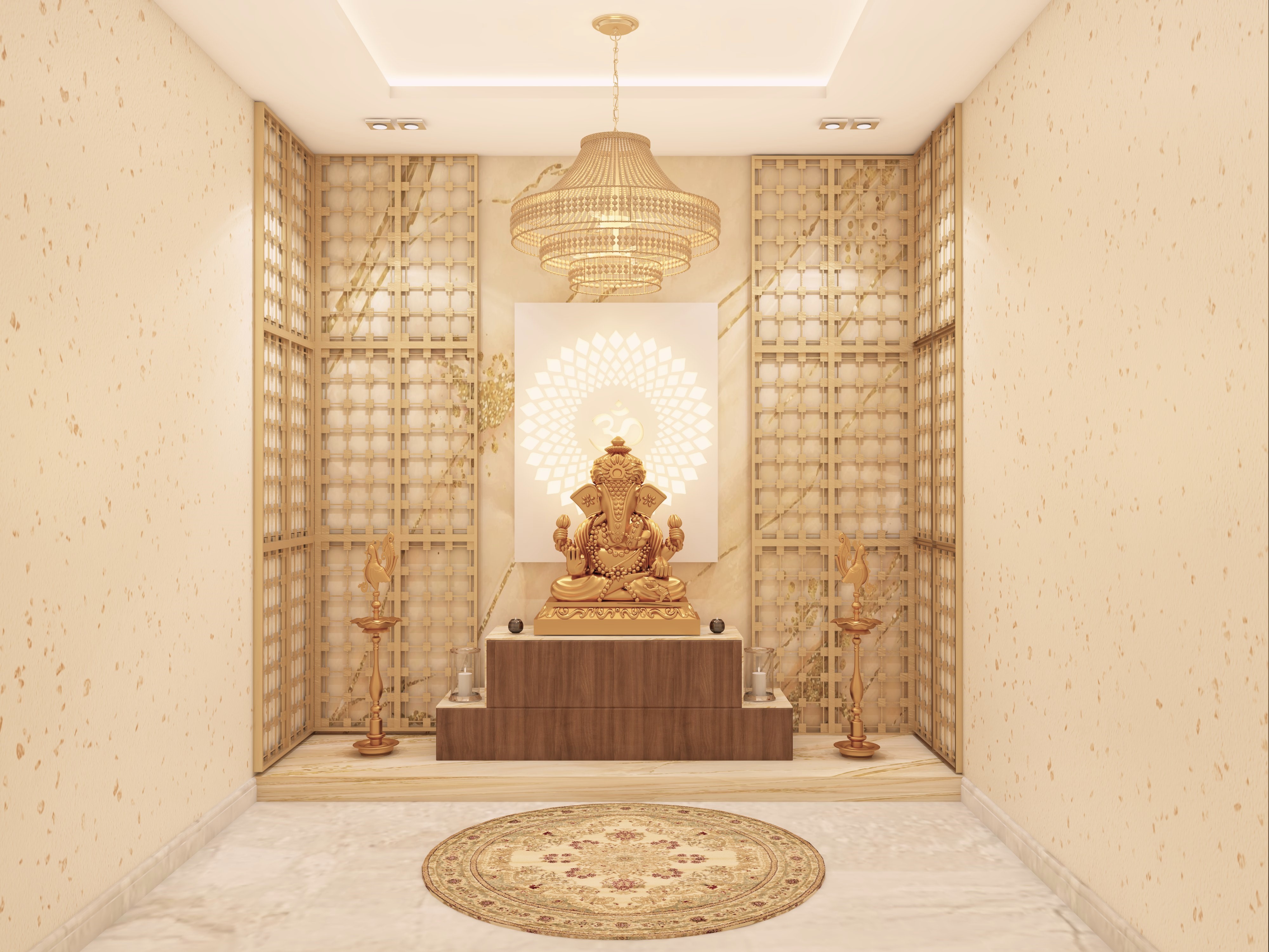 Modern puja room with cnc metal jali and lithos texture - Beautiful Homes