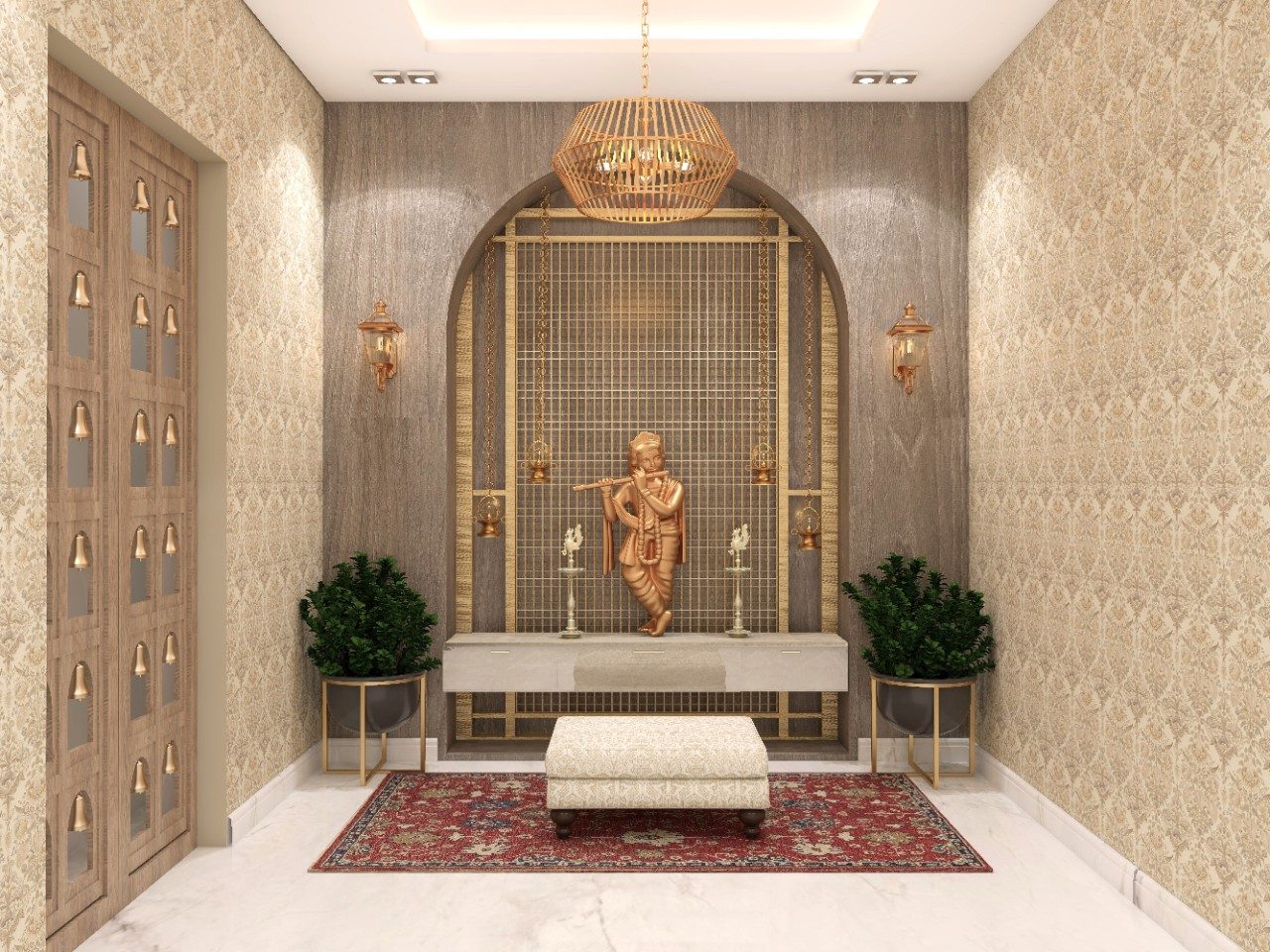 Modern puja room with CNC metal jali and wooden paneling - Beautiful Homes