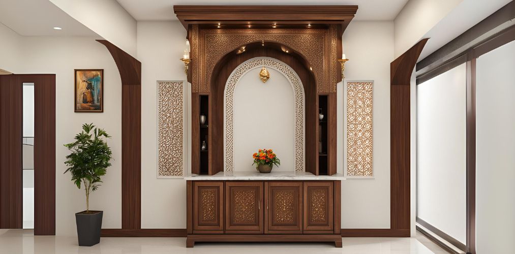 Modern puja unit with arched wood and white marble panel - Beautiful Homes