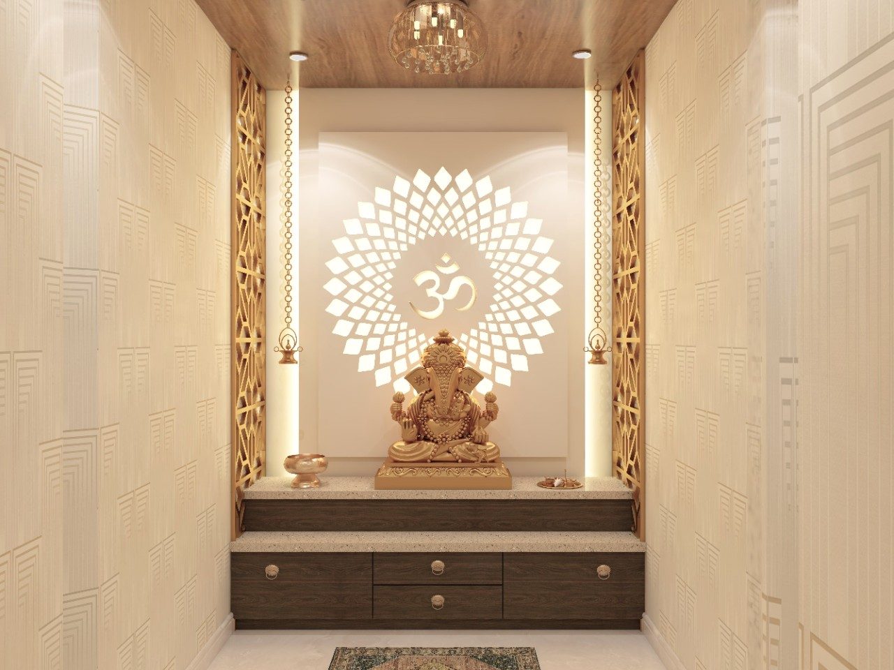 Modern puja unit with dark wood storage and backlit Om mandala - Beautiful Homes