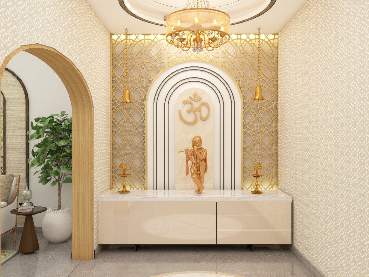 Modern puja unit with gold metal CNC and arched back panel - Beautiful Homes