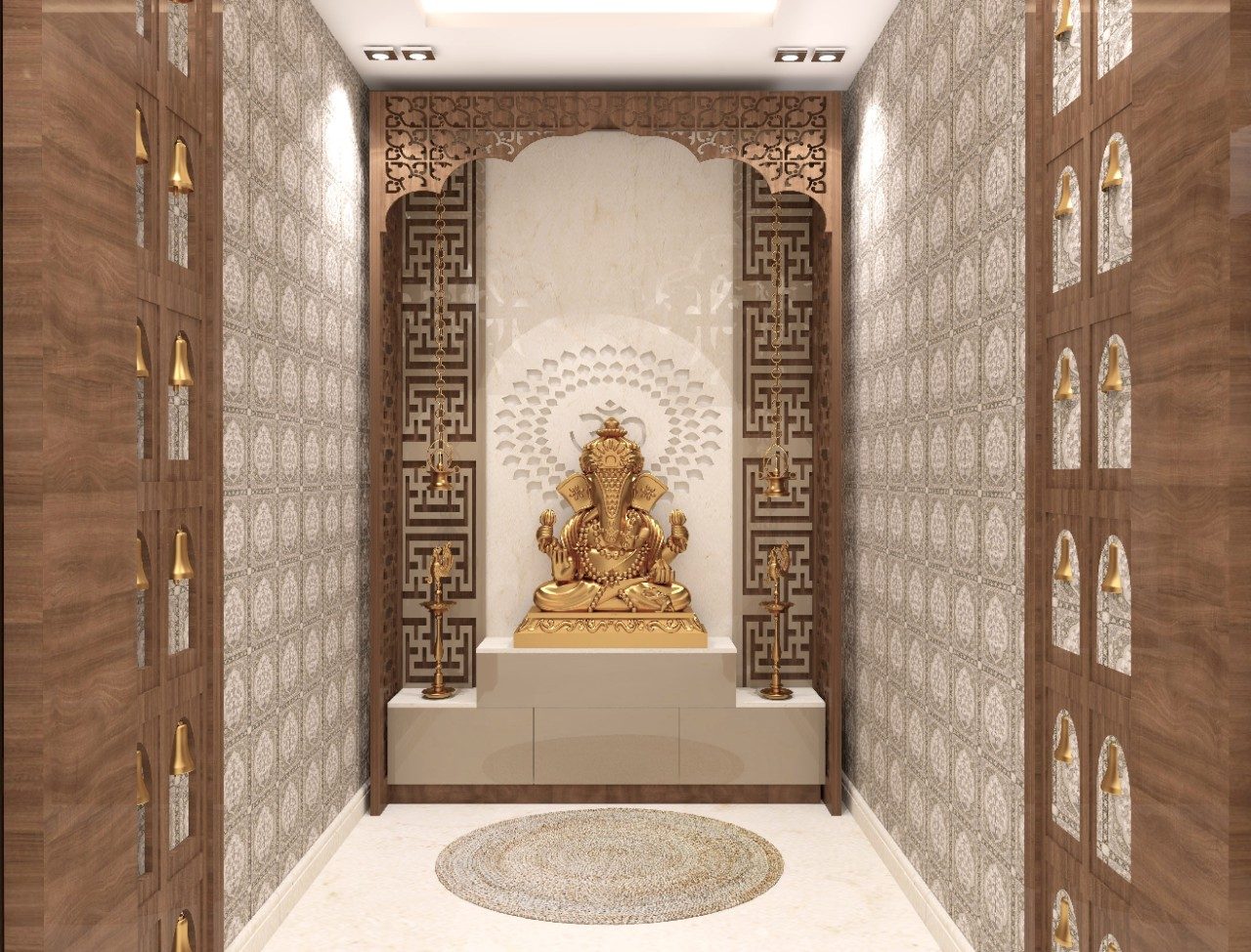 Modern puja unit with storage and CNC back panel - Beautiful Homes