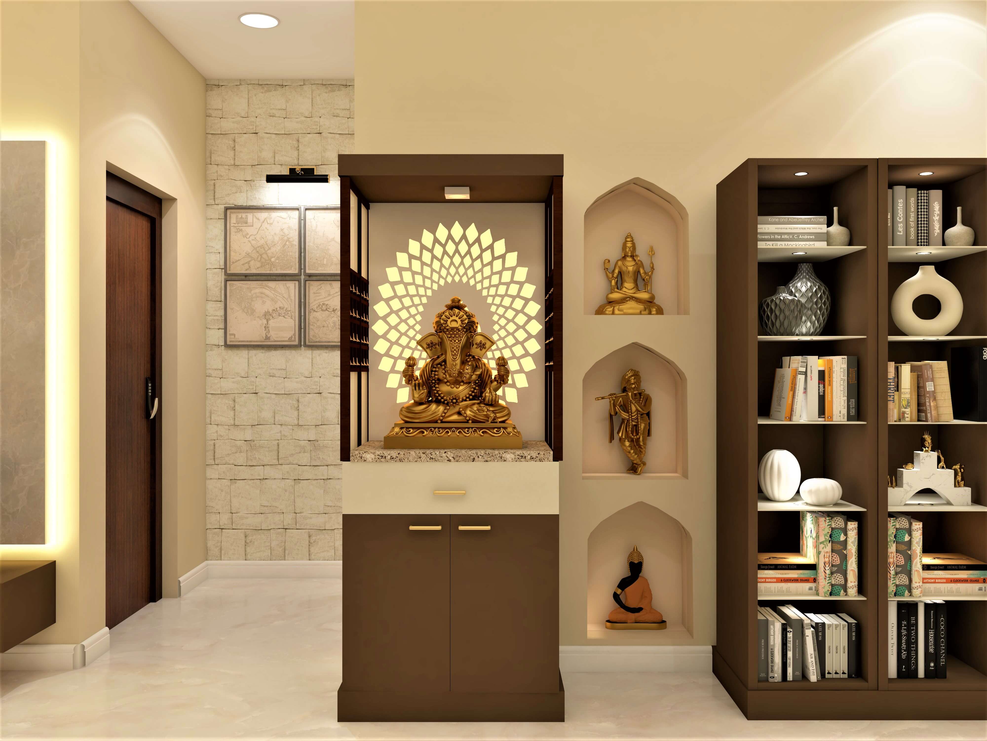 Modern style pooja unit design with wooden finish - Beautiful Homes