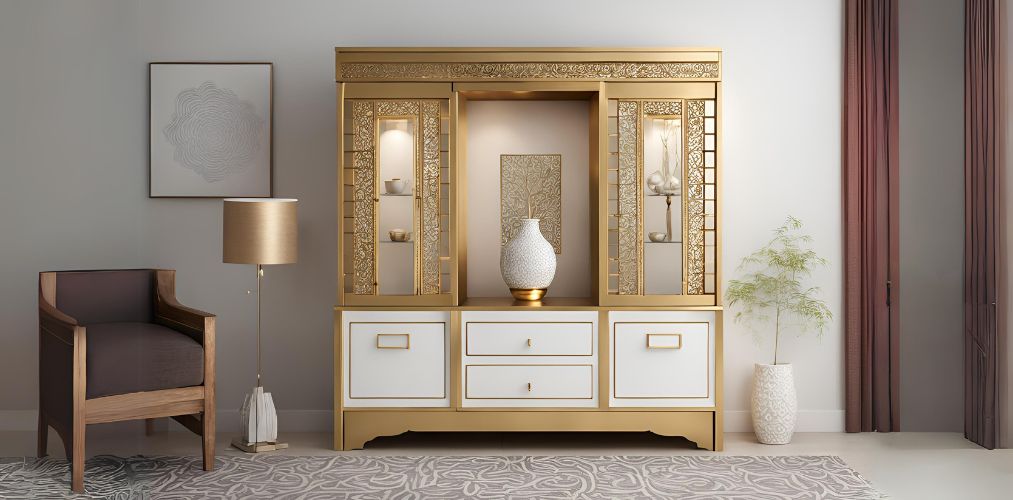 Modern white and gold mandir unit with drawers - Beautiful Homes