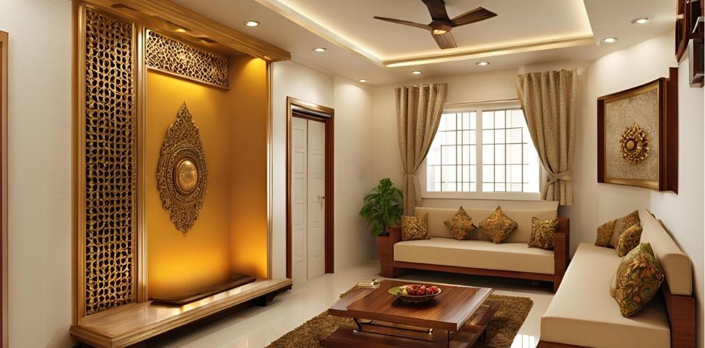 Pooja room unit in living room with golden CNC panels - Beautiful Homes