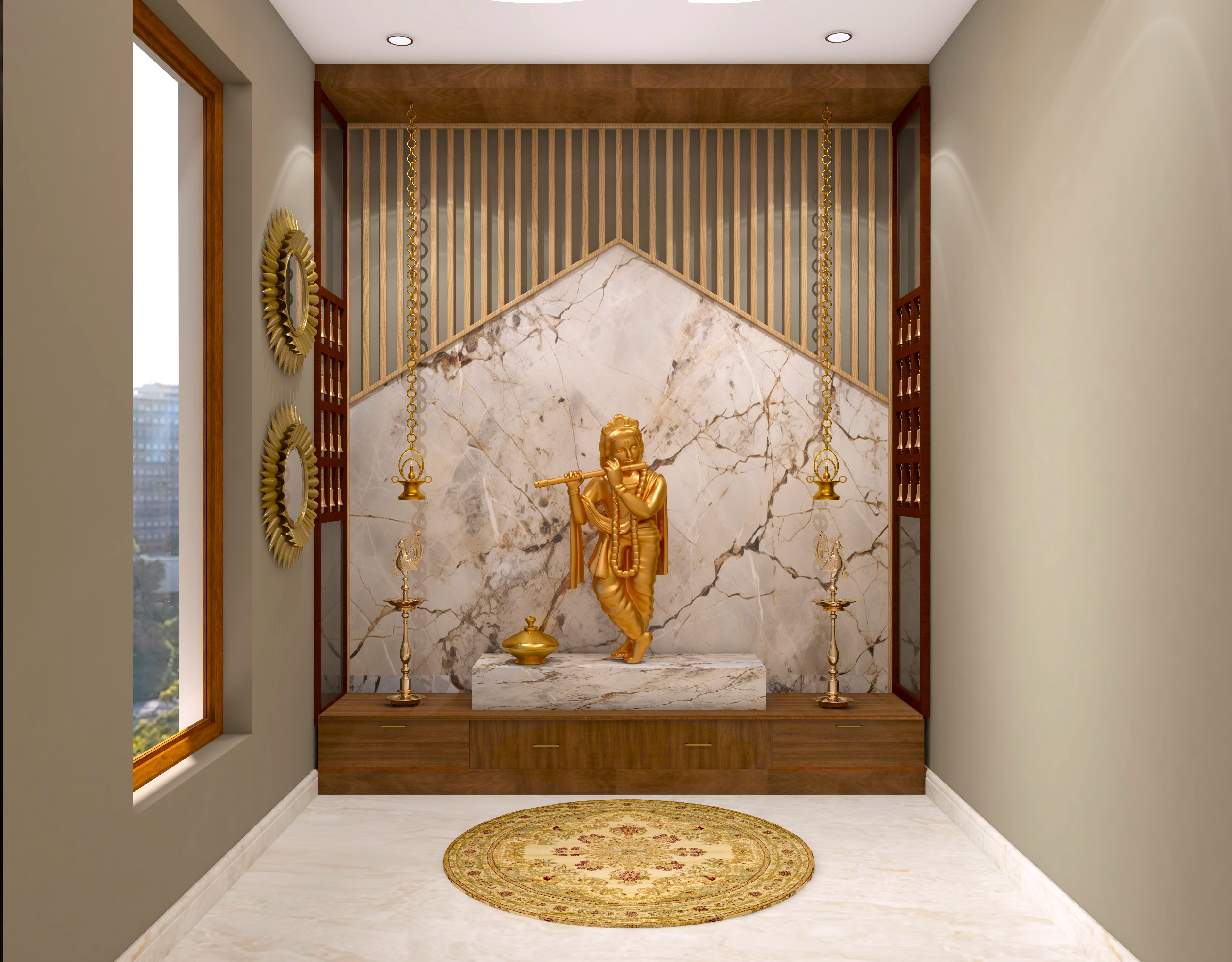 Pooja room with marble back panel and bottom wooden drawers - Beautiful Homes