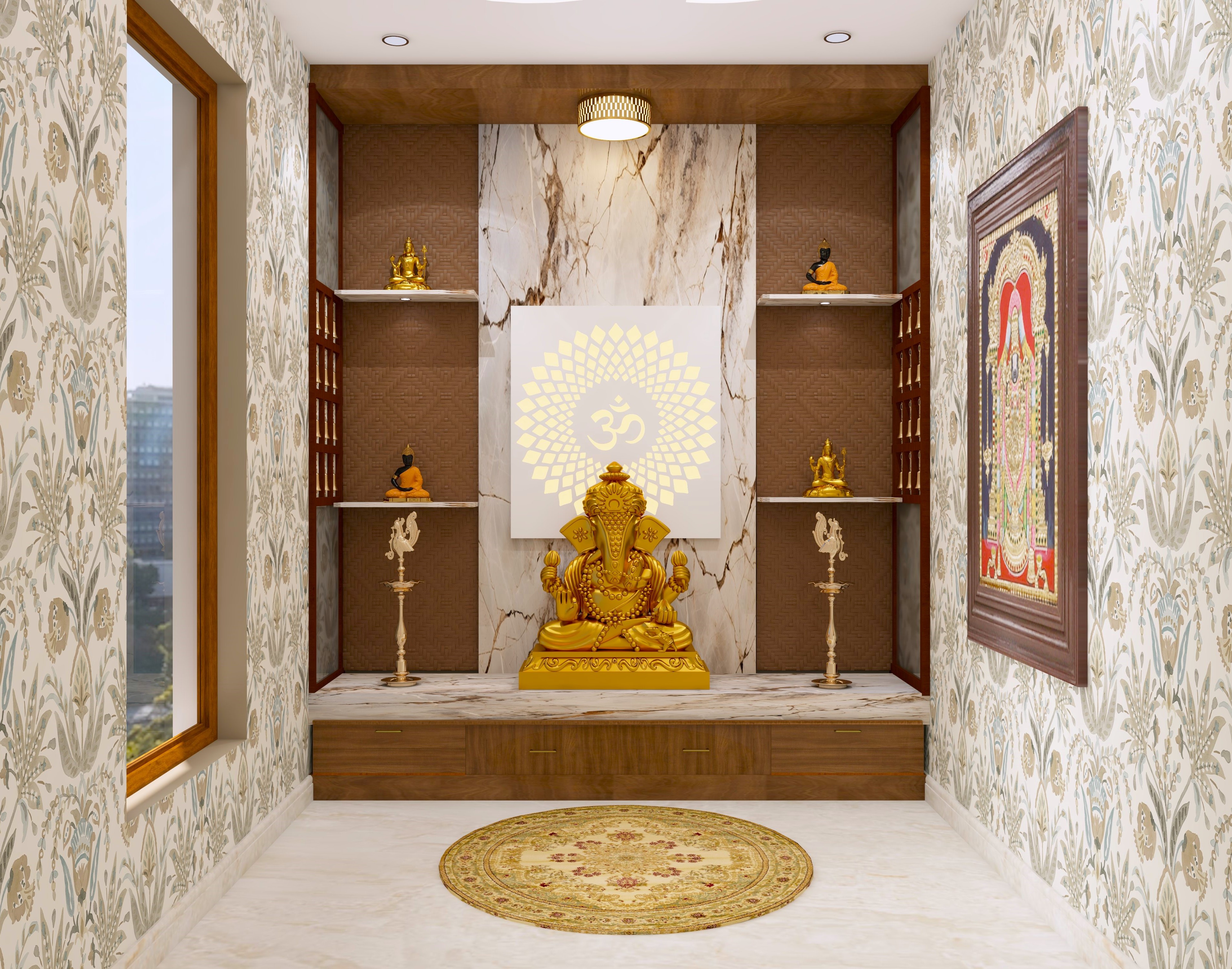 Pooja room with marble backdrop and shelves - Beautiful Homes