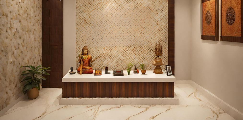 Puja room with cream vitrified tiles - Beautiful Homes