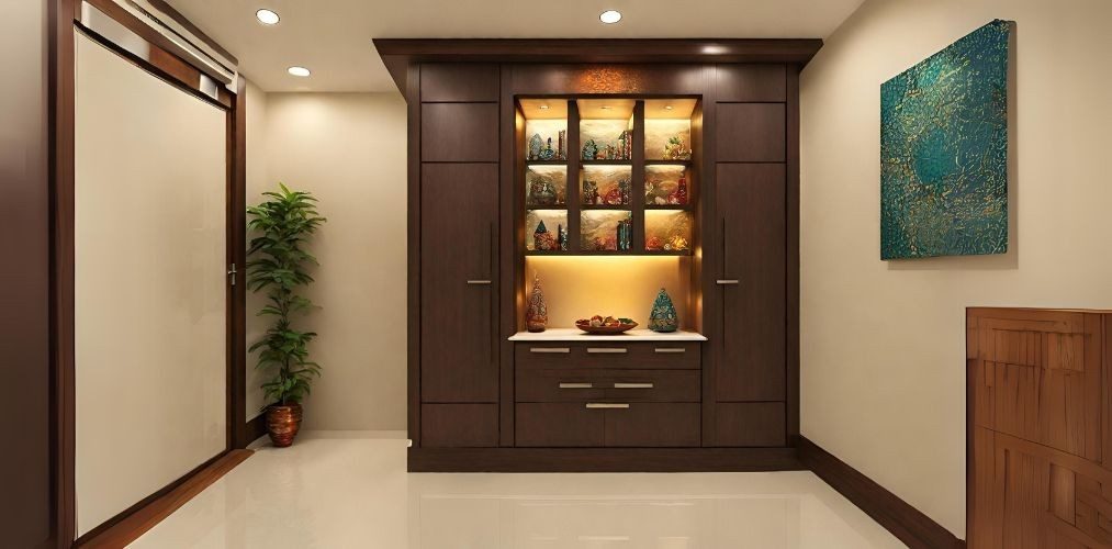 Untitled design - Puja room with glass cabinets and drawers