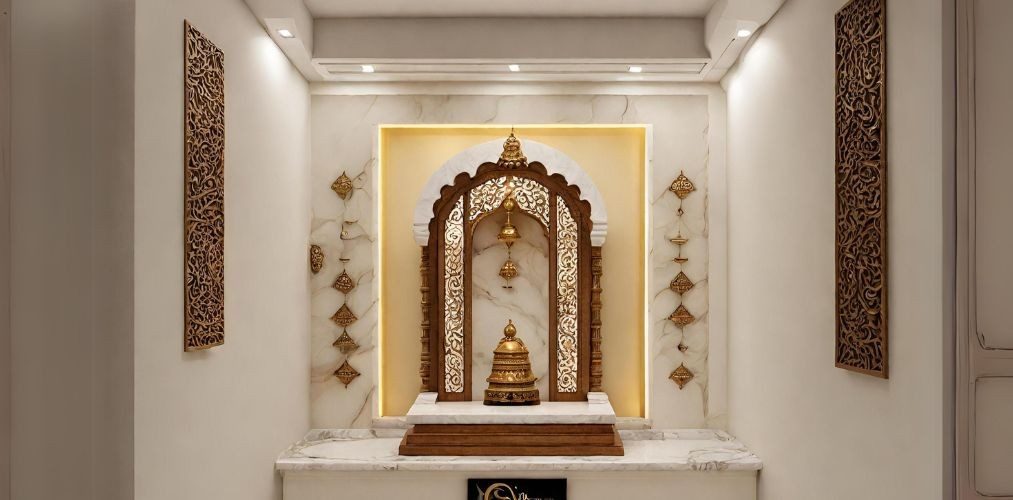 Puja room with white marble and bells - Beautiful Homes