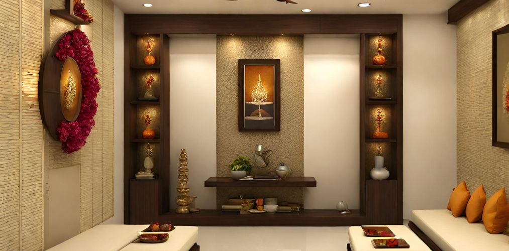 Puja room with wooden in-built shelves - Beautiful Homes
