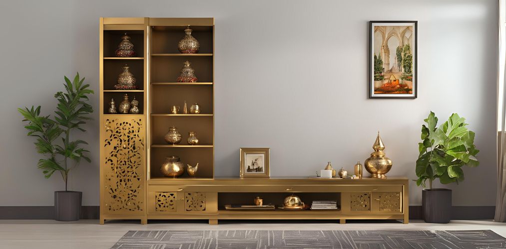 Puja unit in golden metal with shelves - Beautiful Homes