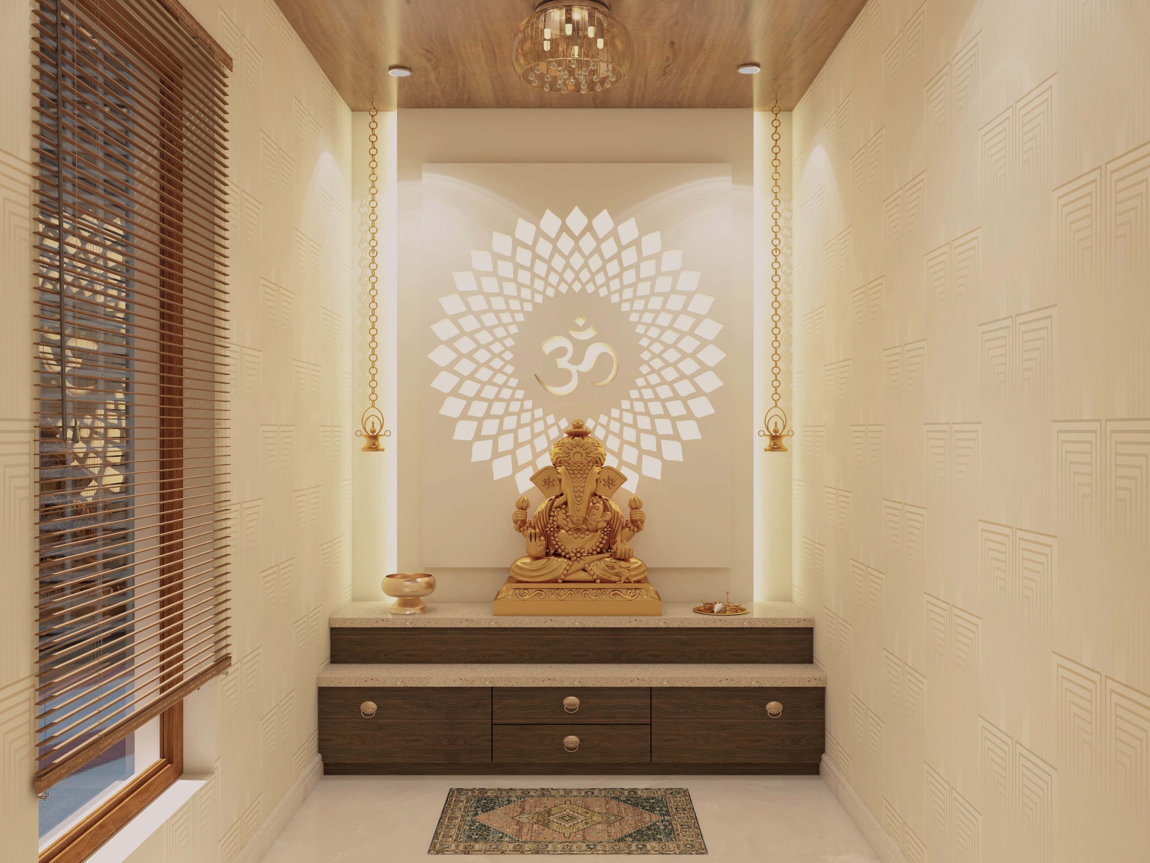 Simple white puja room with wooden drawers-Beautiful Homes