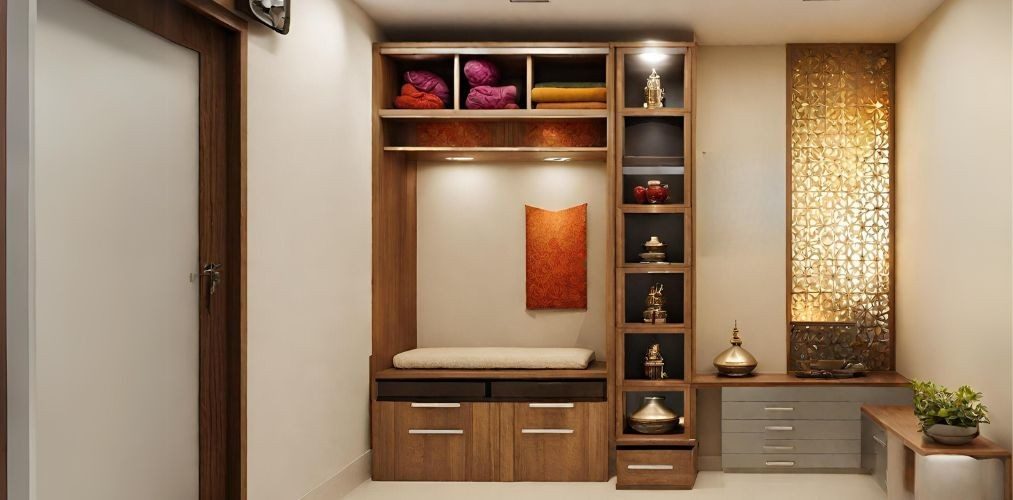 Small mandir with glass storage units - Beautiful Homes