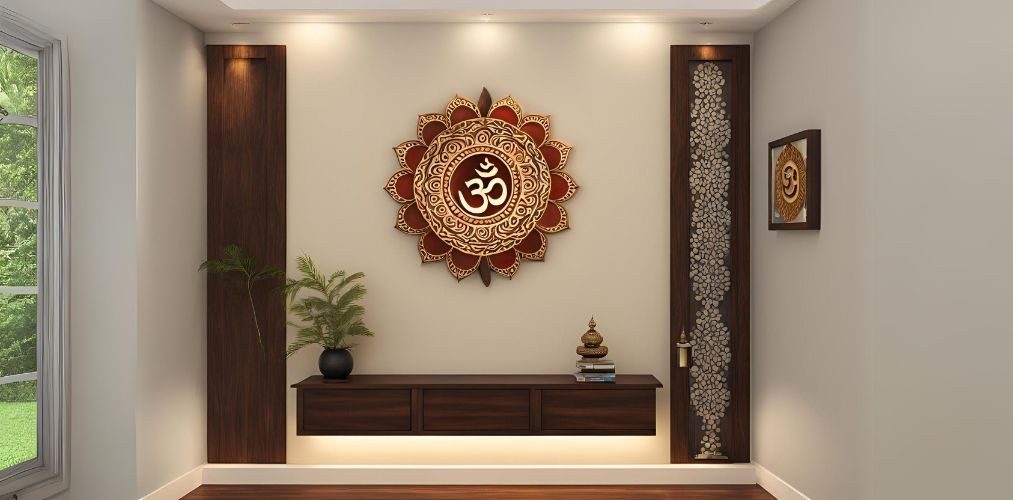 Small modern puja unit with om mandala wall panel - Beautiful Homes