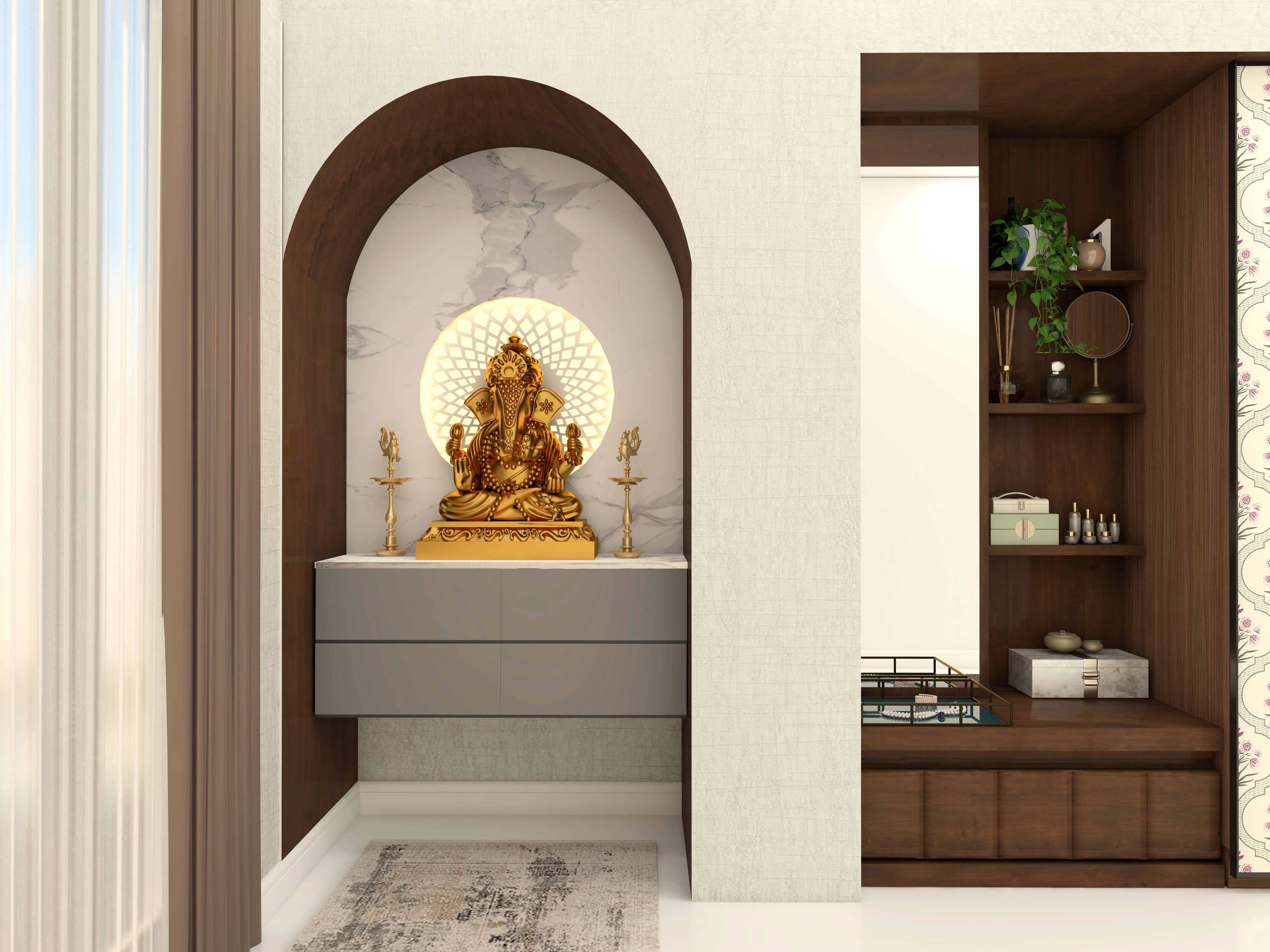 Small pooja room with grey drawers in an arched niche-Beautiful Homes