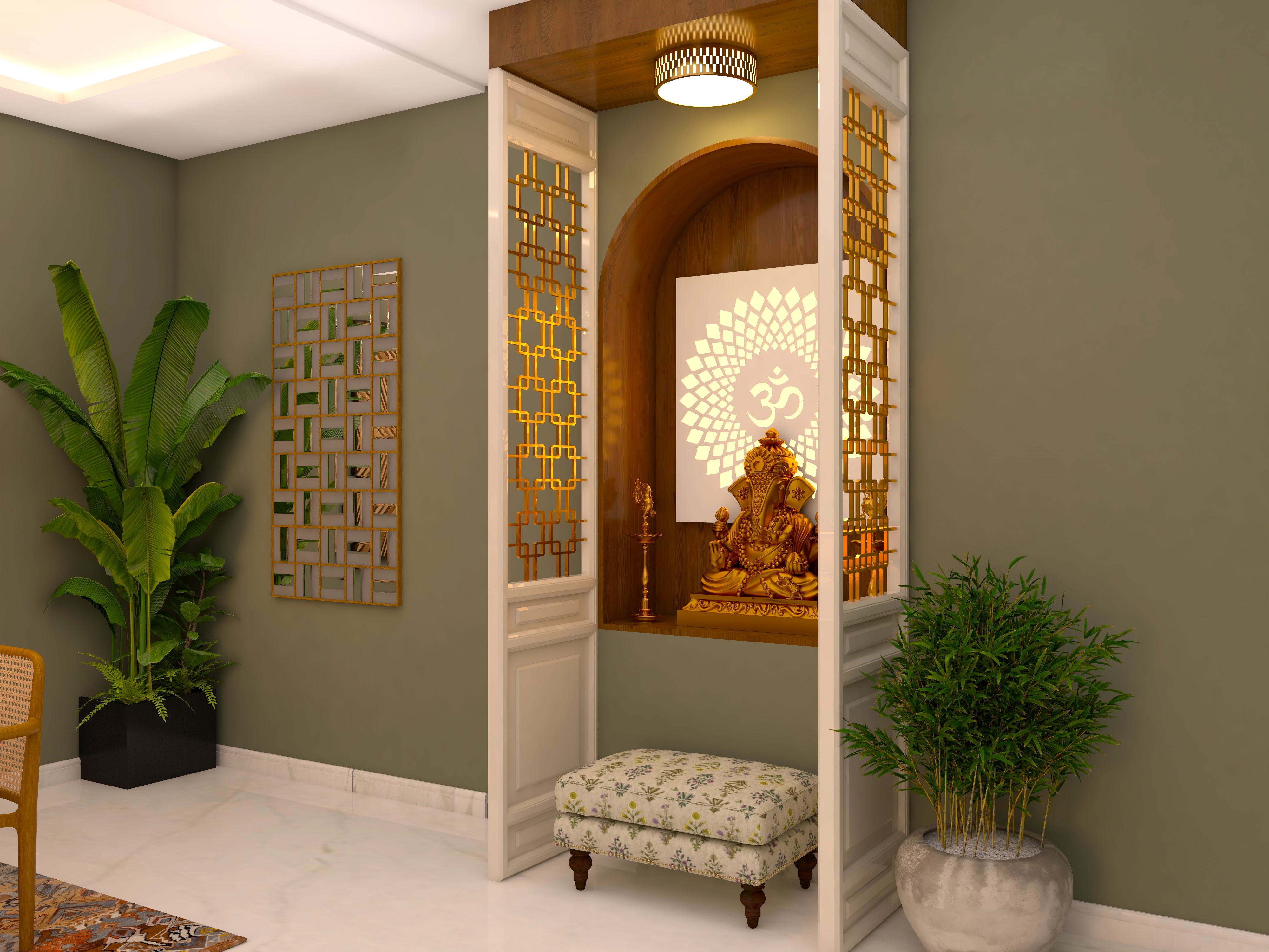 Small puja room with arched niche and gold finish metal partition-Beautiful Homes