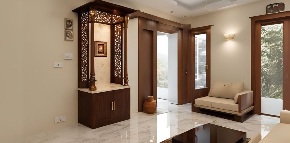 Small puja unit in living room with marble flooring - Beautiful Homes