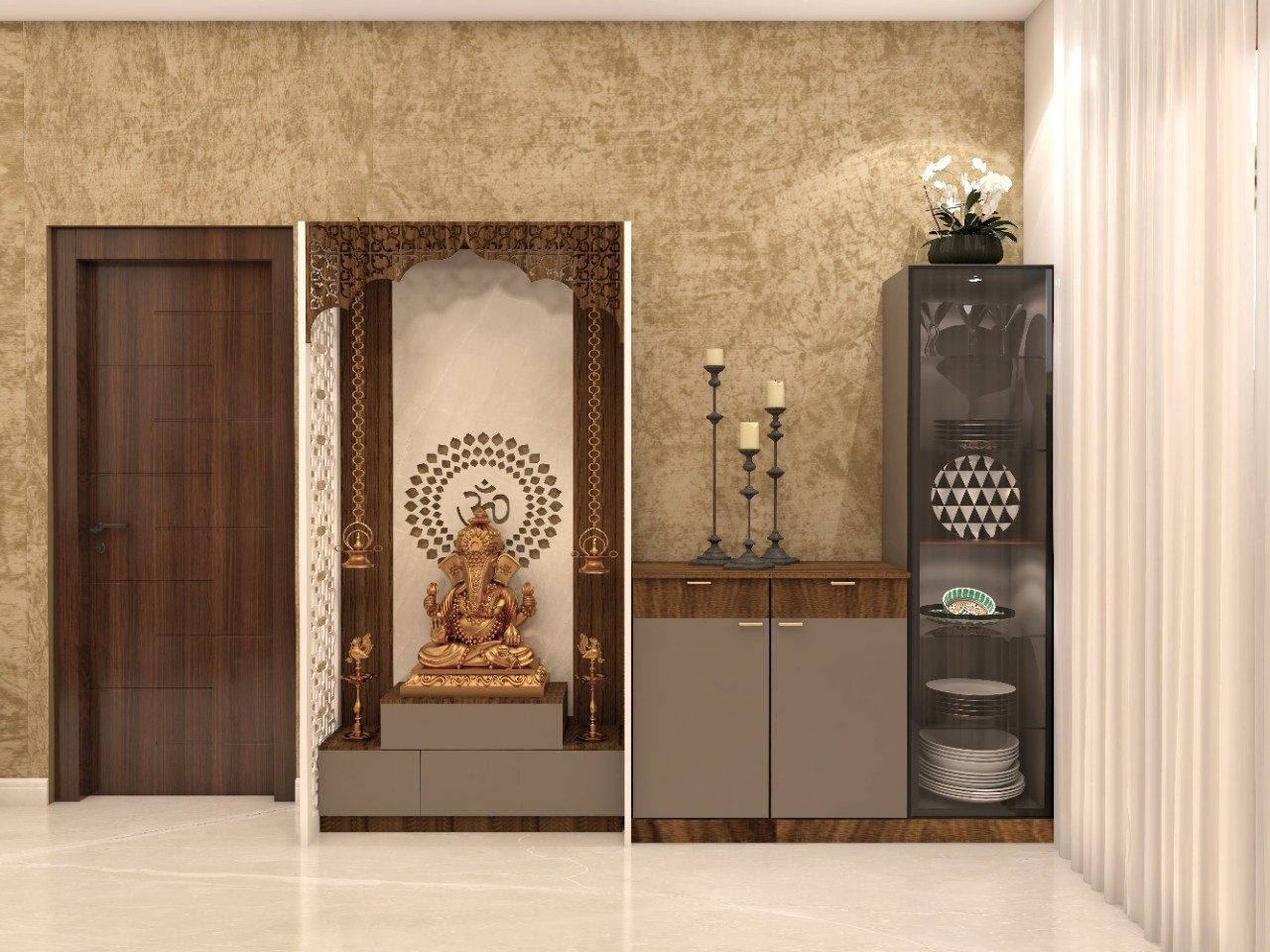 Small puja unit with om mandala on CNC panel - Beautiful Homes