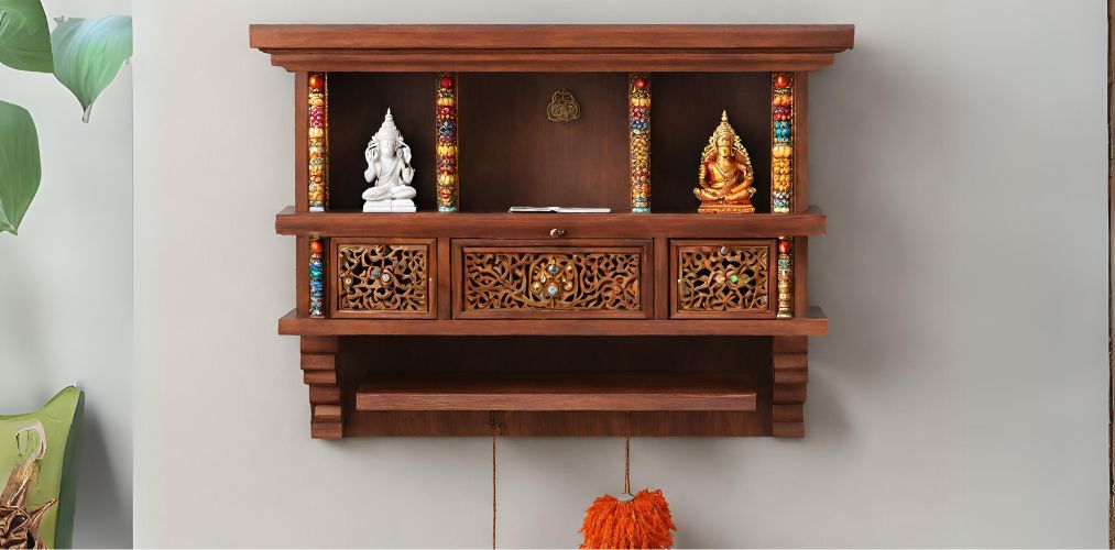Small wall mounted mandir with drawers-Beautiful Homes