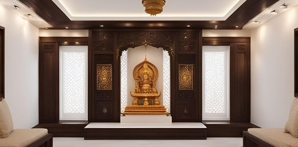 Traditional dark wood mandir design with white backlit panels - Beautiful Homes