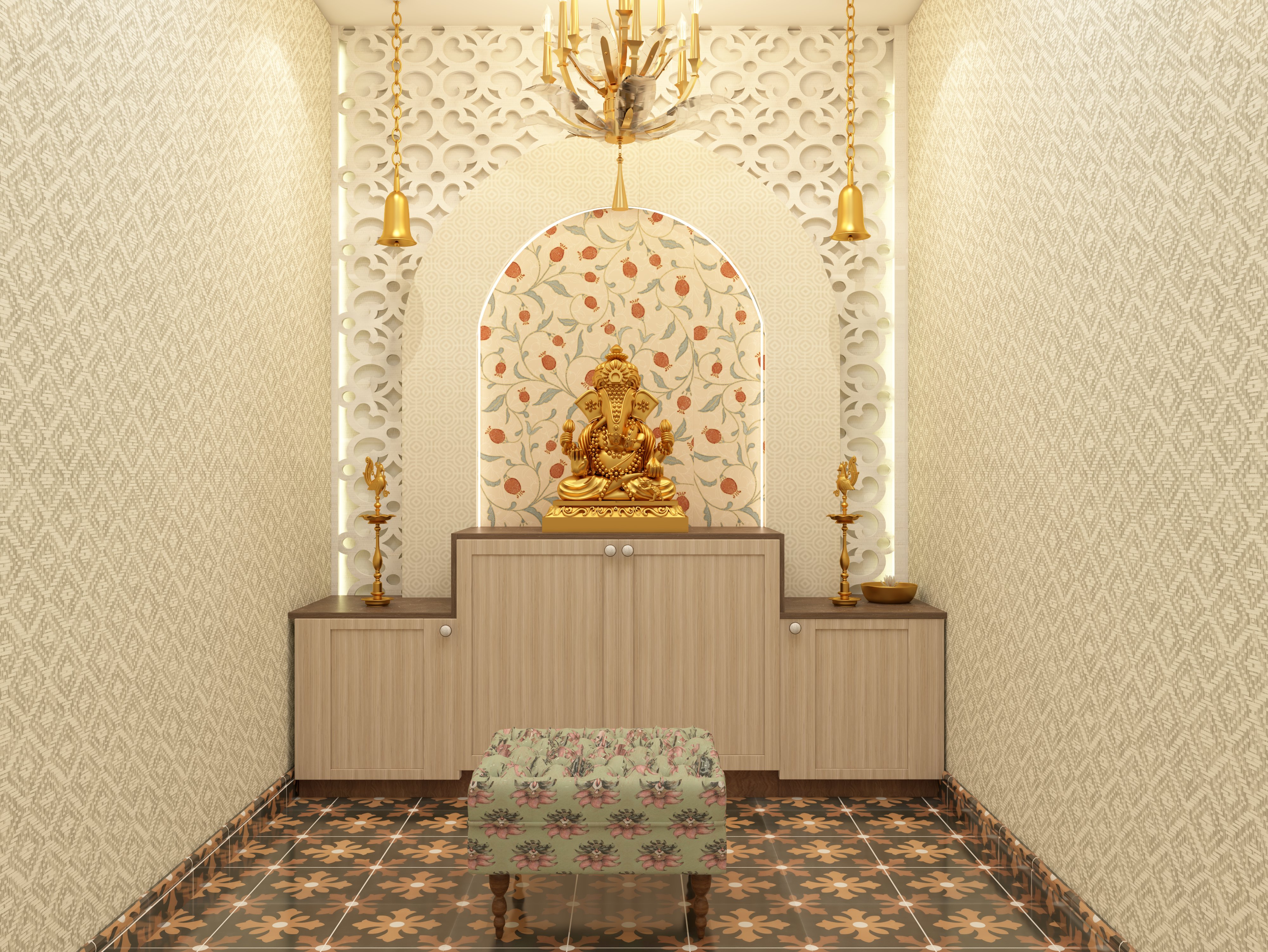 Traditional puja room with arched wallpaper and wooden storage - Beautiful Homes