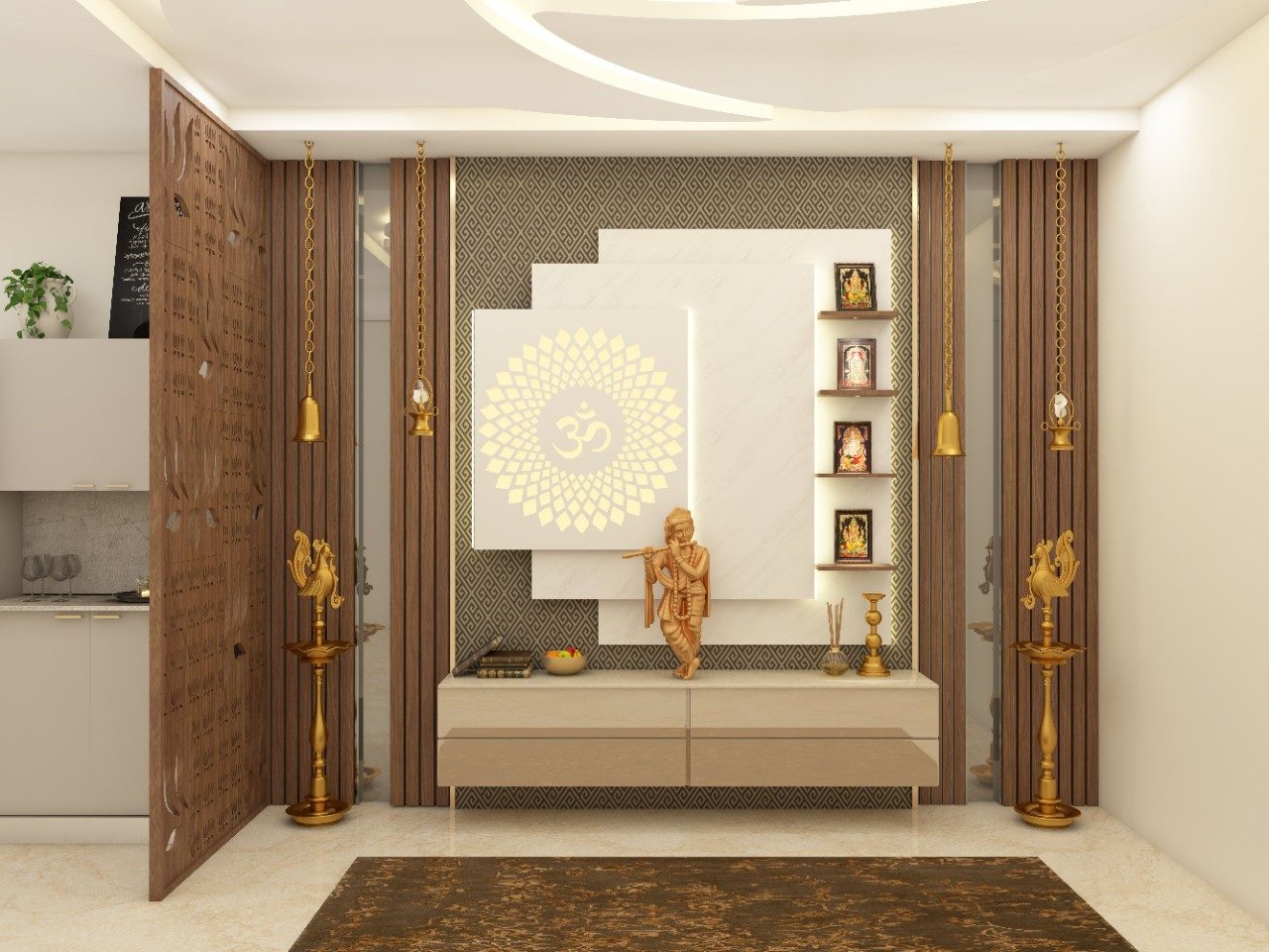 Traditional puja room with backlit om mandala and cnc partition - Beautiful Homes