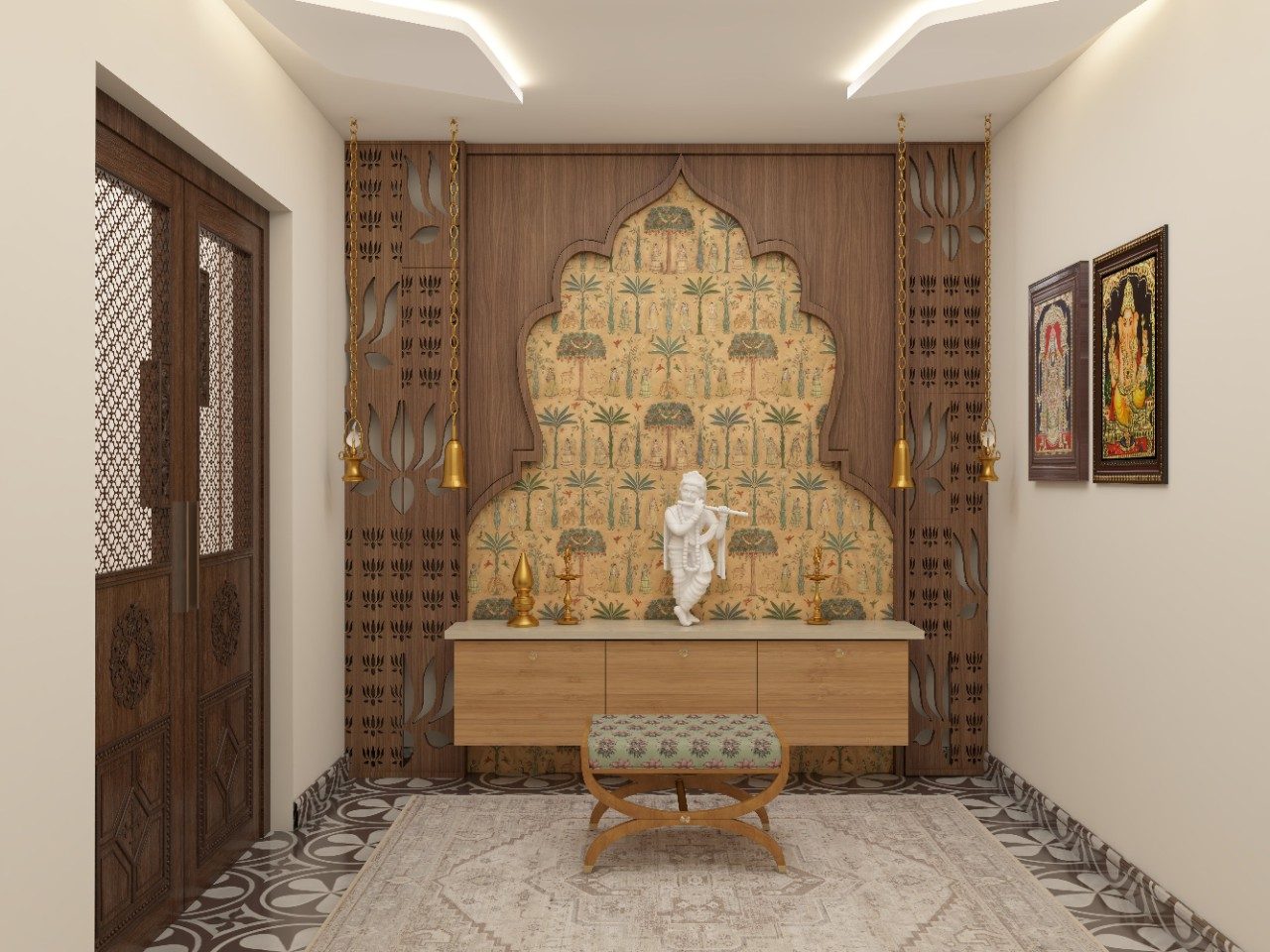 Traditional puja room with wooden cnc panels and Sabyasachi wallpaper - Beautiful Homes