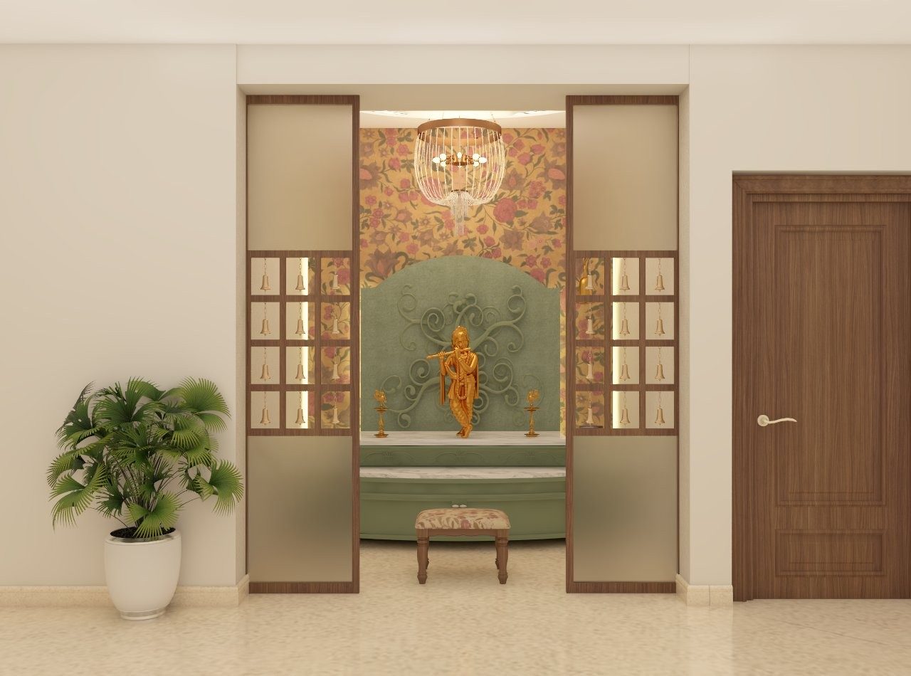 Traditional puja unit with wallpaper panel and partition with bells - Beautiful Homes