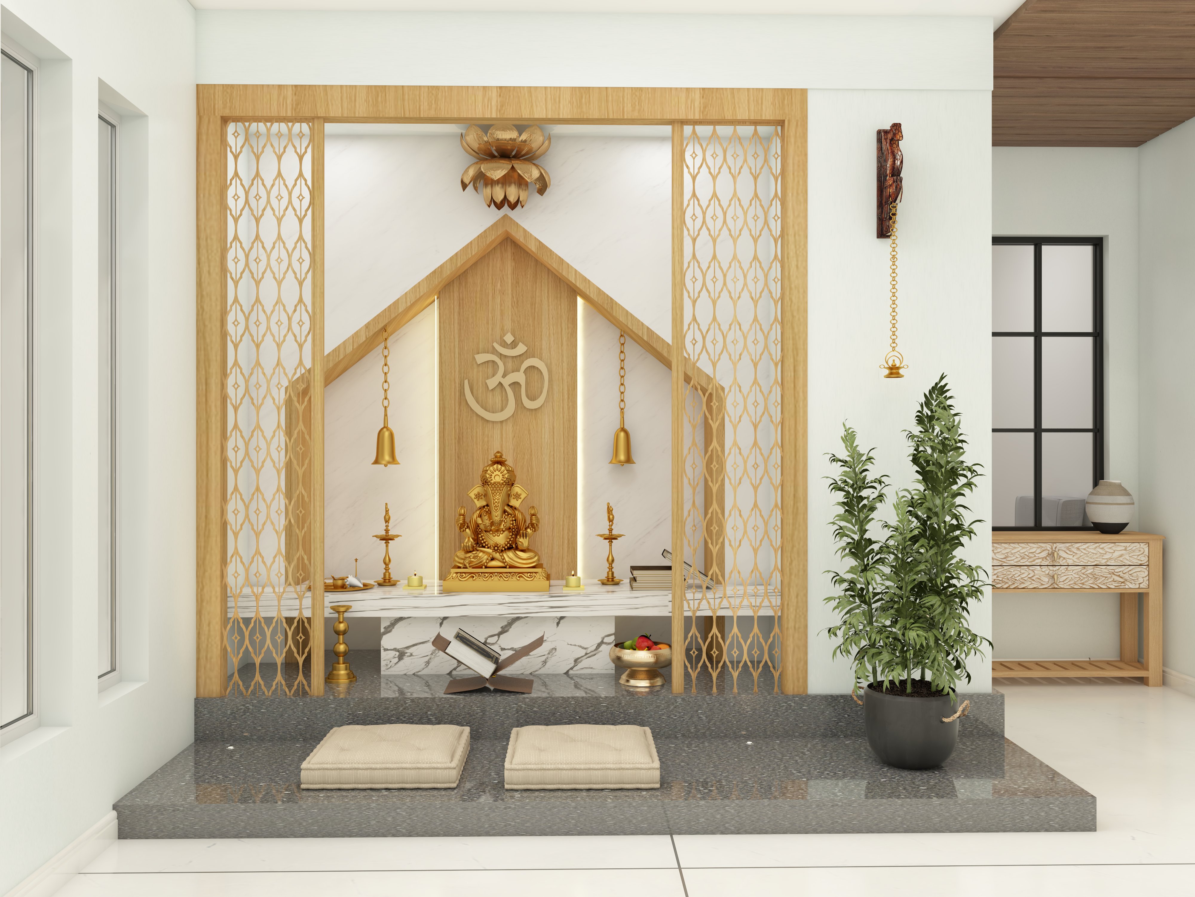 Traditional white and wooden pooja unit with CNC jali - Beautiful Homes