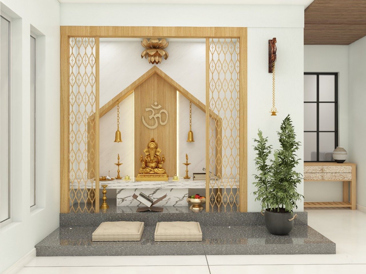 Traditional white and wooden pooja unit with CNC jali - Beautiful Homes