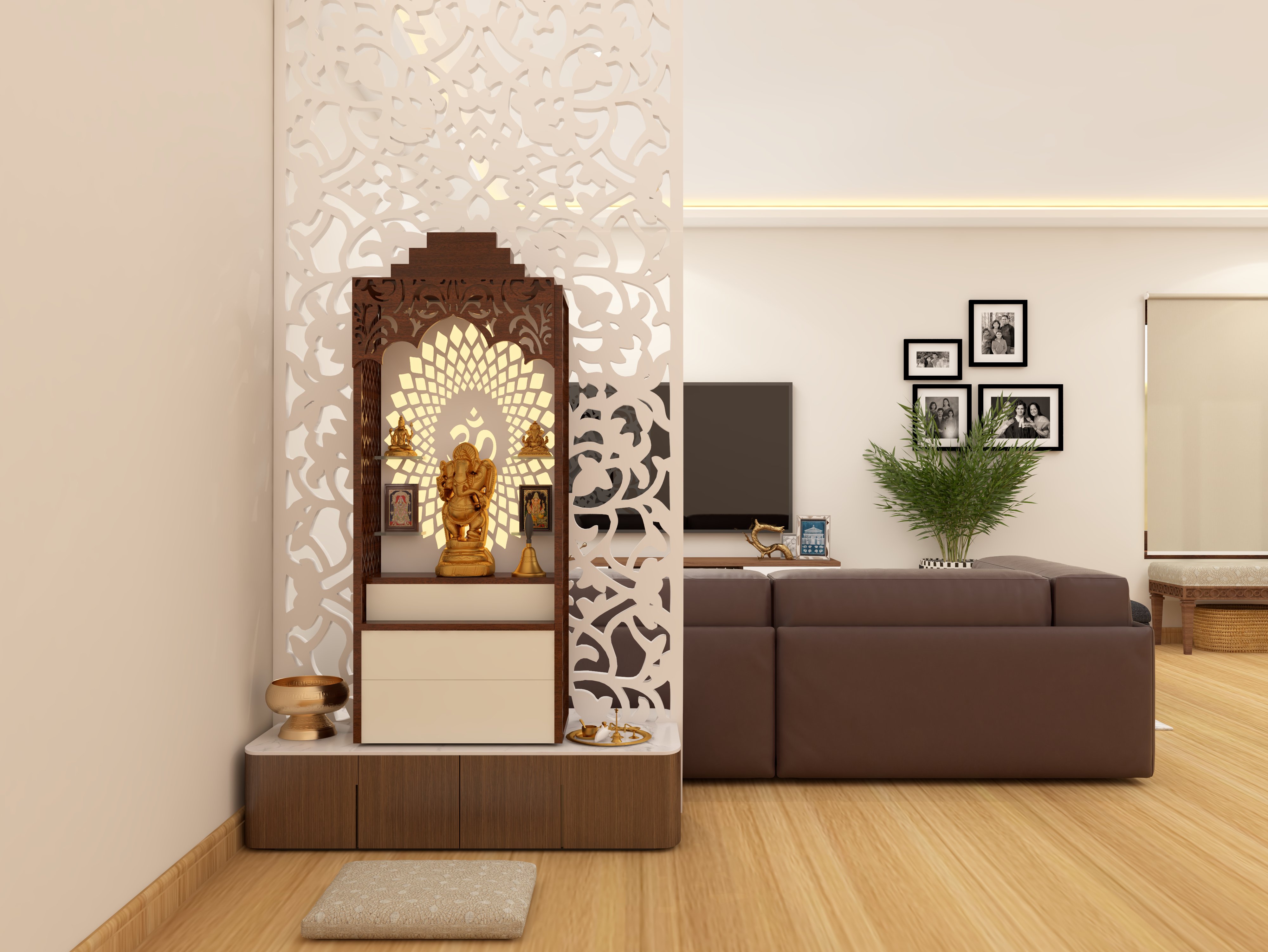 Traditional wooden puja unit with jali partition - Beautiful Homes