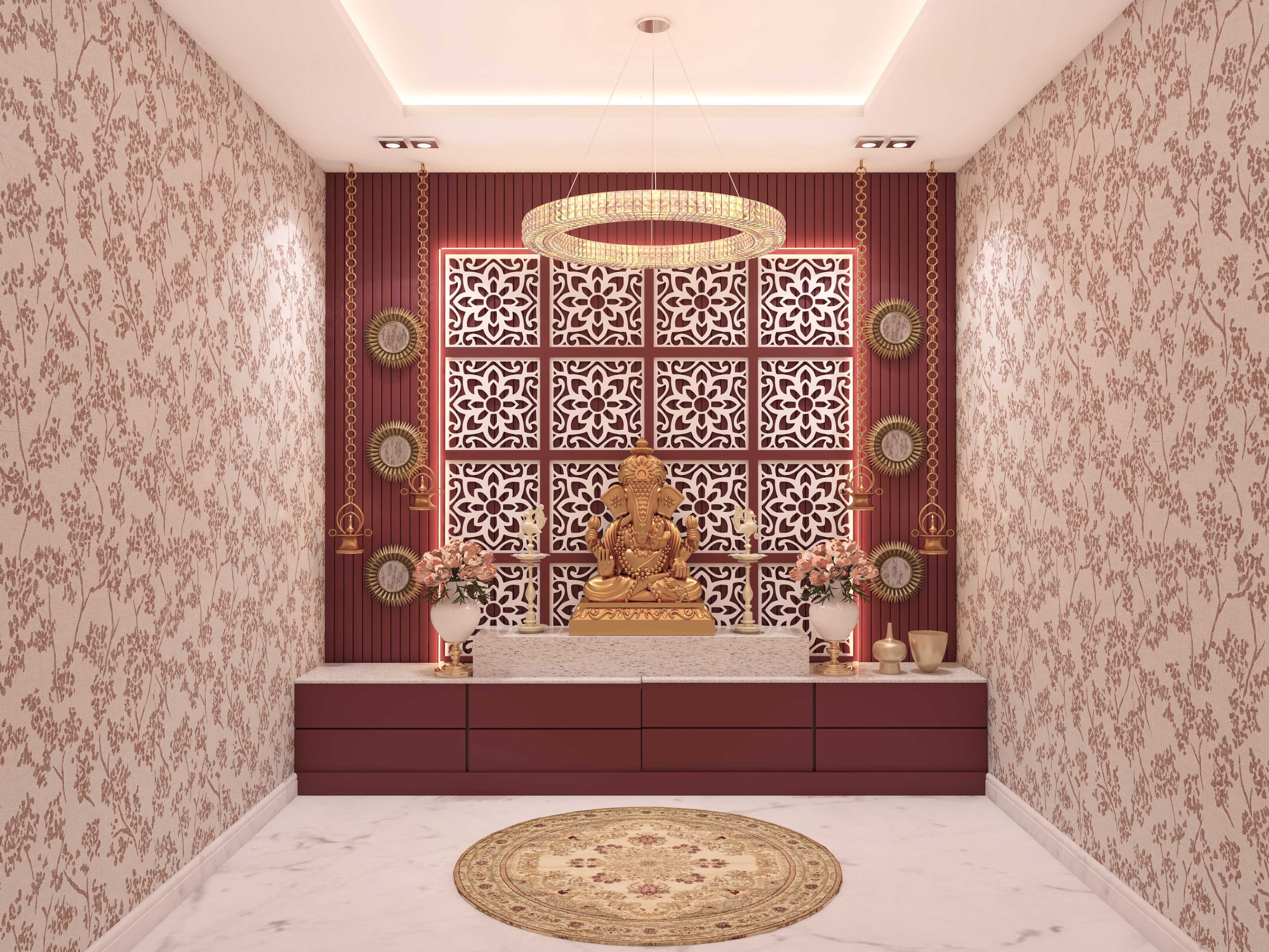 Vibrant modern puja room with white cnc and red fluted panels - Beautiful Homes