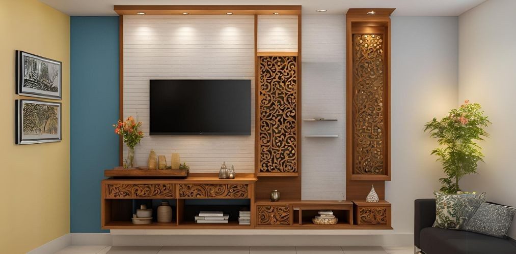 Wall-mounted puja unit with wood countertop and CNC design - Beautiful Homes